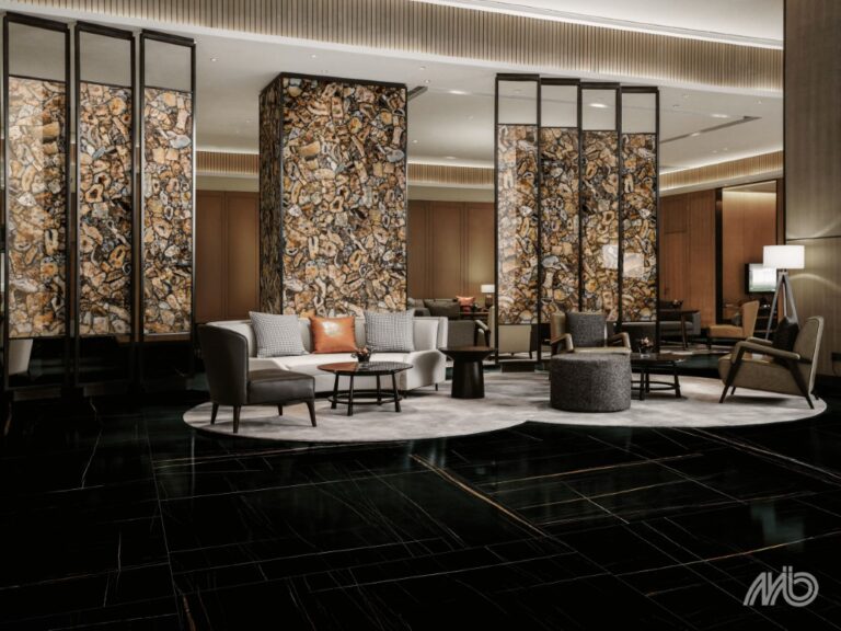 Ariostea Ultra Agata Atena slabs als wand en scheidingswand in een luxe lounge