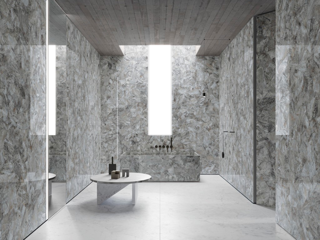 Ariostea Ultra Crystal Quartz Grey Quartz op de wanden van een badkamer