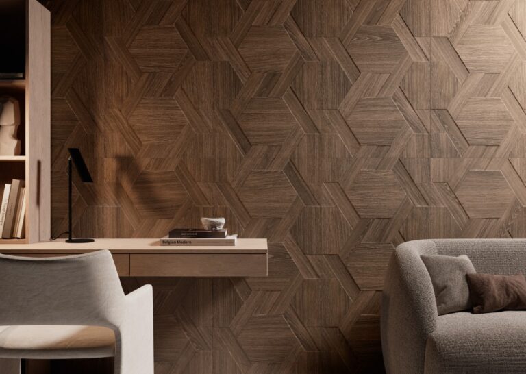 Grespania Cabinet Ebano houtlook wandtegels met 3D-patroon