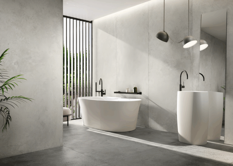 Coverlam Tempo platen op wand en vloer van een badkamer met vrijstaand bad
