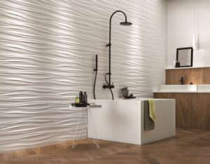 Atlas Concorde 3D Wall Design White Ribbon wandtegels in een badkamer
