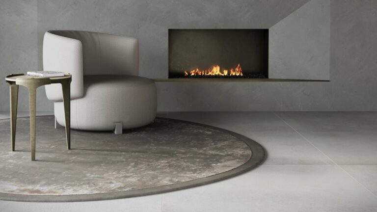 Piet Boon CEMENT Tile vloer in een woonkamer met open haard