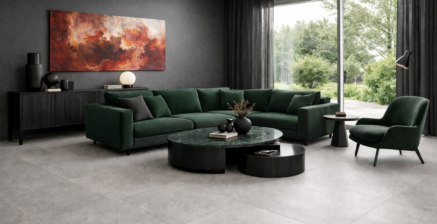 Woonkamer met Piet Boon NATURAL Tile vloer en een groene bank