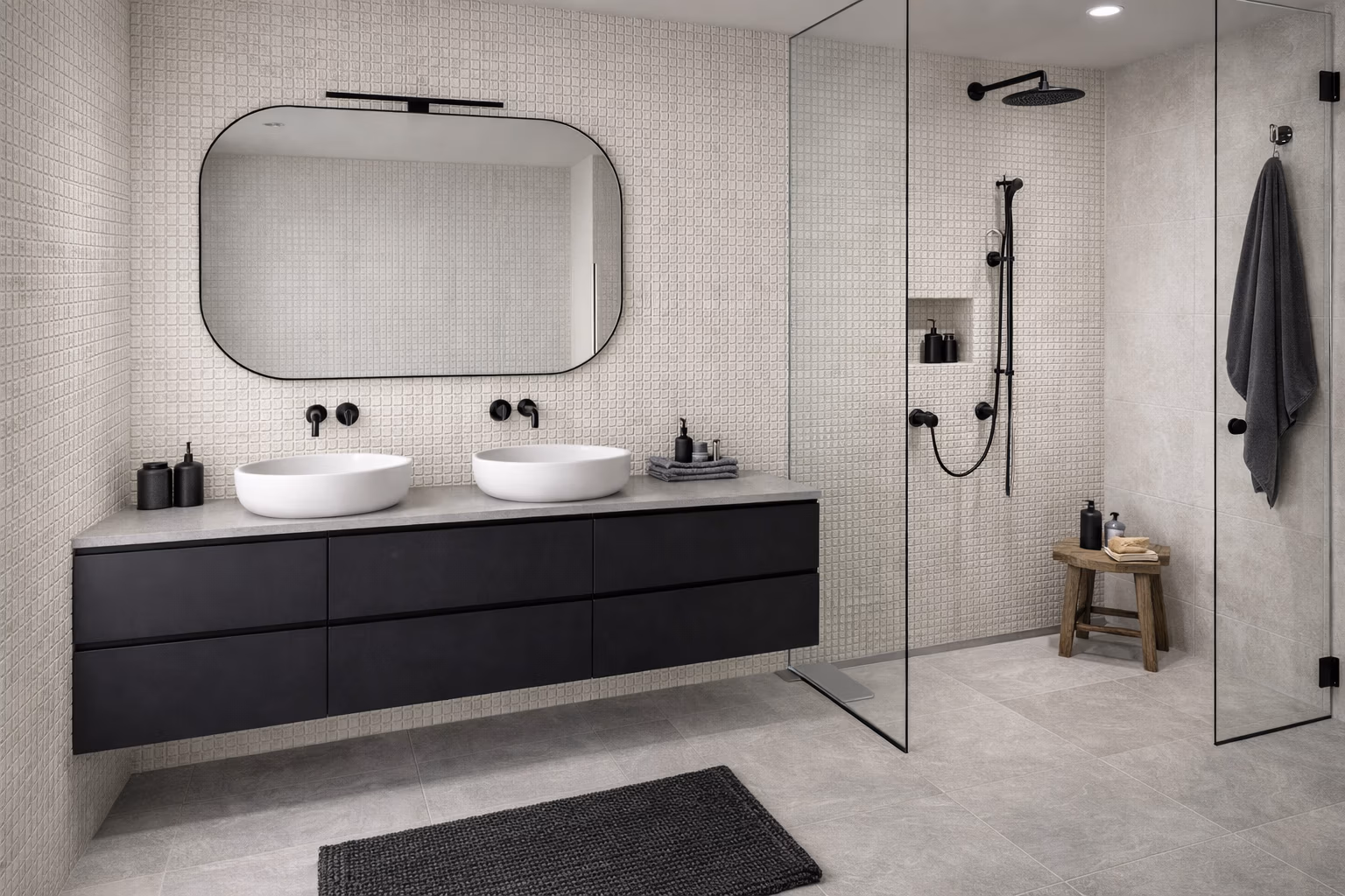 Piet Boon PIXEL Tile mozaïek White op de wanden van een badkamer met inloopdouche