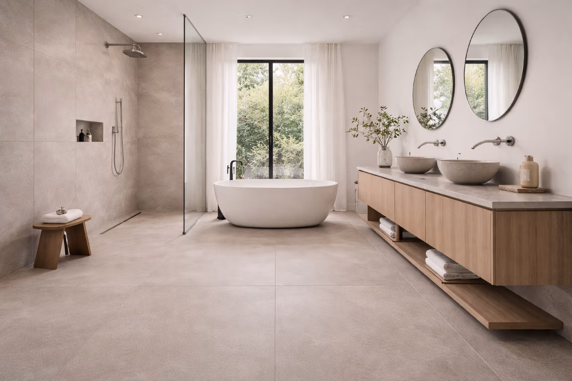 Piet Boon PURE Tile in XXL-formaat in een badkamer met vrijstaand bad en inloopdouche